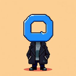 A pixel art character featuring a stylish black jacket and a large blue letter 'Q' for a head, completely void of eyes