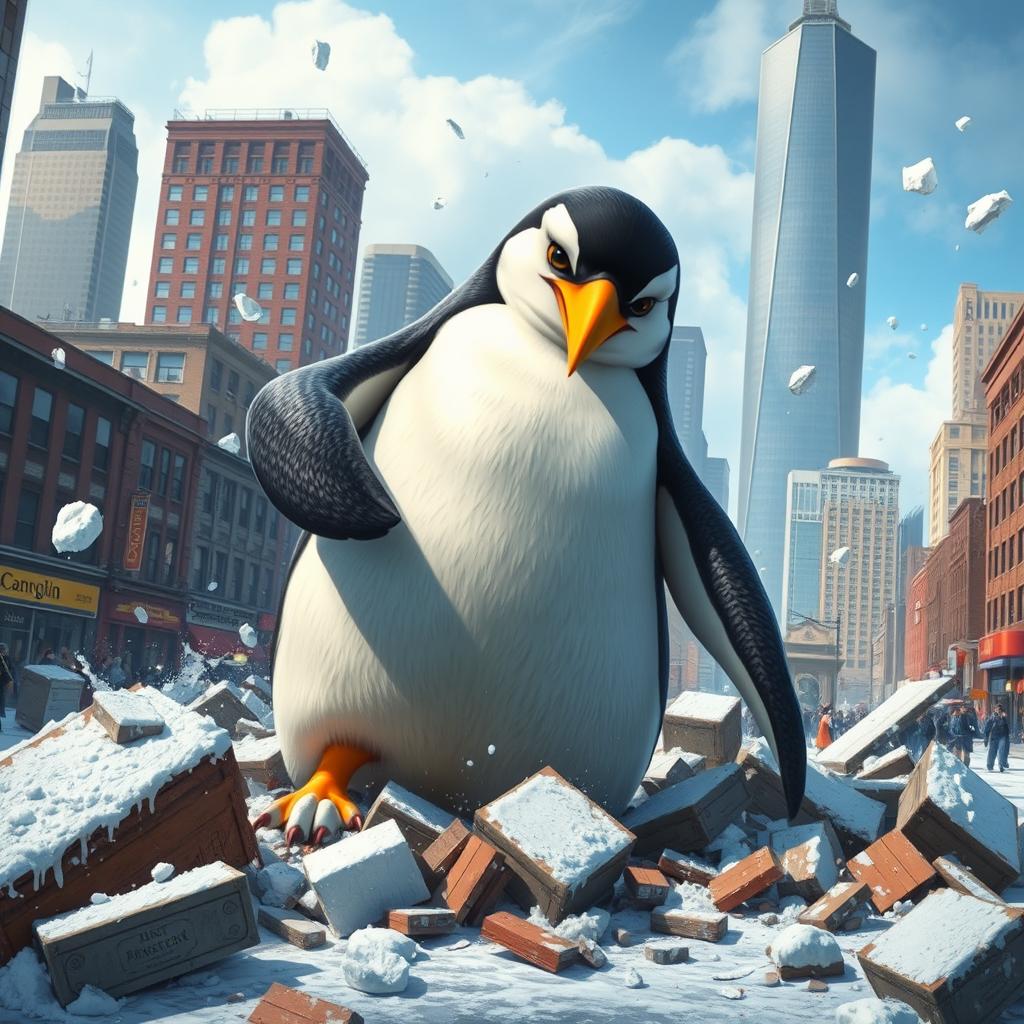 A fierce and imaginative depiction of a destructive penguin, showcasing it in a chaotic urban environment