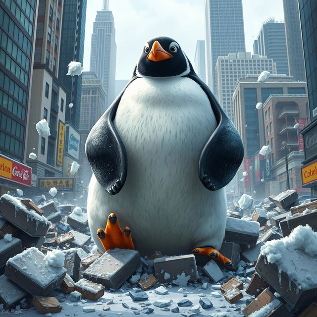 A fierce and imaginative depiction of a destructive penguin, showcasing it in a chaotic urban environment