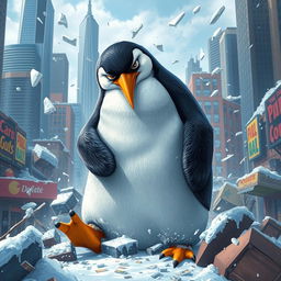 A fierce and imaginative depiction of a destructive penguin, showcasing it in a chaotic urban environment