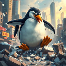 A fierce and imaginative depiction of a destructive penguin, showcasing it in a chaotic urban environment