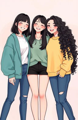 A vibrant illustration of three Korean women standing together in a playful pose, showcasing their unique friendship