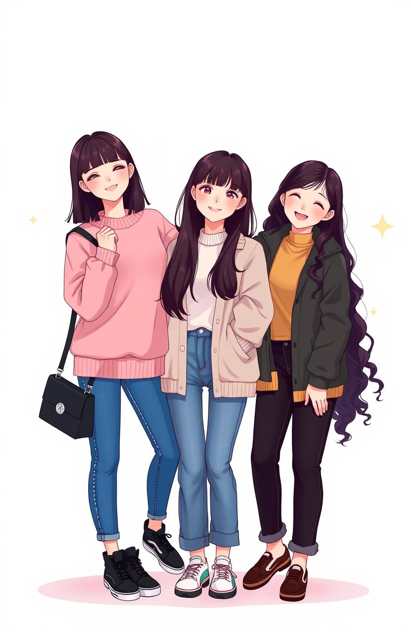 A vibrant illustration of three Korean women standing together in a playful pose, showcasing their unique friendship