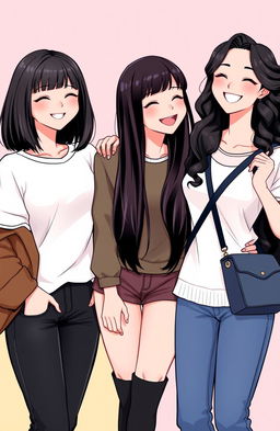 A vibrant illustration of three Korean women standing together in a playful pose, showcasing their unique friendship