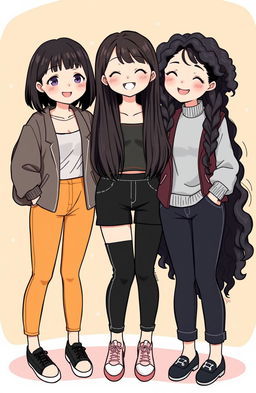 A vibrant illustration of three Korean women standing together in a playful pose, showcasing their unique friendship