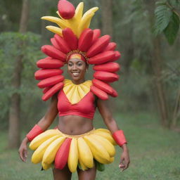 A vibrant costume designed to resemble an ackee fruit, complete with the fruit's distinctive red shell and yellow flesh.