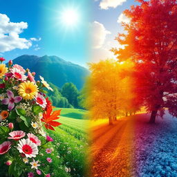 A stunning representation of the four seasons — spring, summer, autumn, and winter — blending harmoniously together