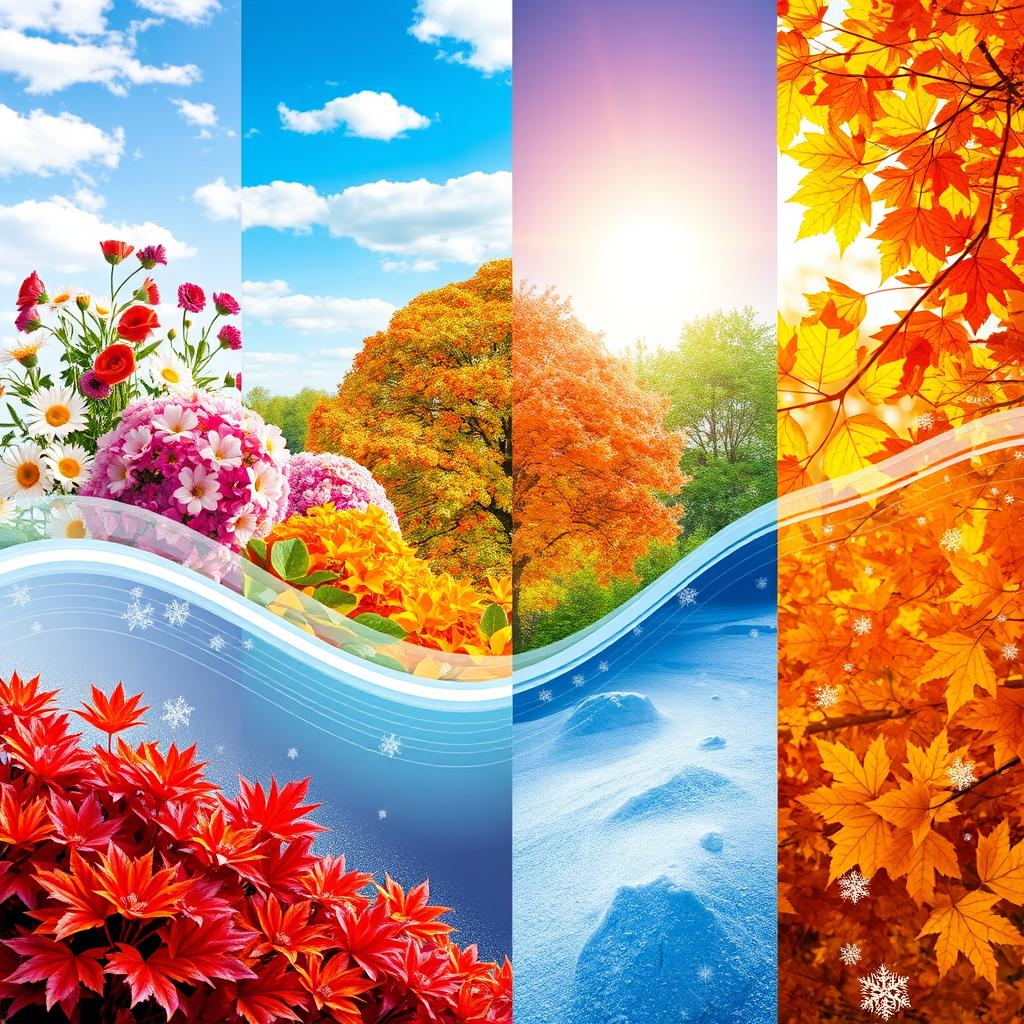 A stunning representation of the four seasons — spring, summer, autumn, and winter — blending harmoniously together