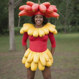 A vibrant costume designed to resemble an ackee fruit, complete with the fruit's distinctive red shell and yellow flesh.