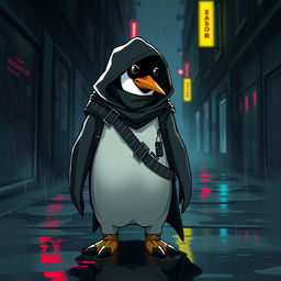 A dark and intriguing illustration of a stealthy assassin penguin, cloaked in shadows, observing its surroundings with a focused gaze