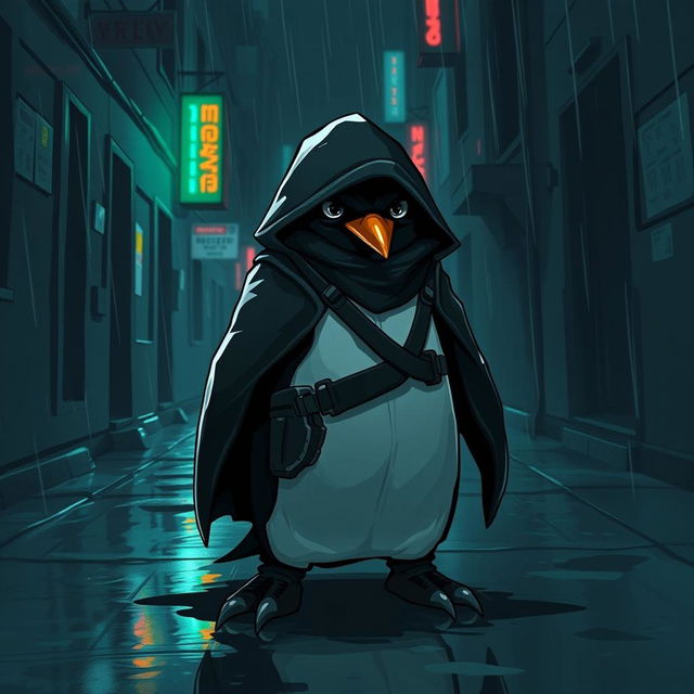 A dark and intriguing illustration of a stealthy assassin penguin, cloaked in shadows, observing its surroundings with a focused gaze