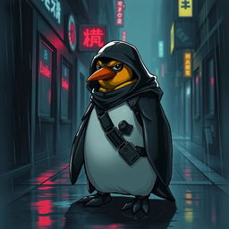 A dark and intriguing illustration of a stealthy assassin penguin, cloaked in shadows, observing its surroundings with a focused gaze