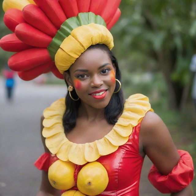 A vibrant costume designed to resemble an ackee fruit, complete with the fruit's distinctive red shell and yellow flesh.