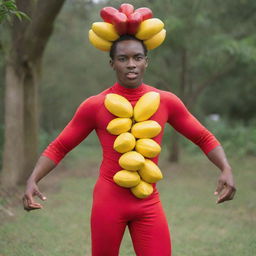 A vibrant costume designed to resemble an ackee fruit, complete with the fruit's distinctive red shell and yellow flesh.