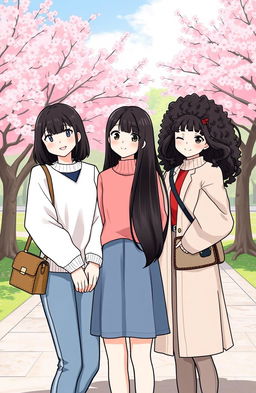 Three Korean women illustrated in full body, showcasing different hairstyles: one with shoulder-length hair, one with long straight hair, and one with long curly hair, all having black hair