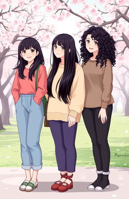 Three Korean women illustrated in full body, showcasing different hairstyles: one with shoulder-length hair, one with long straight hair, and one with long curly hair, all having black hair