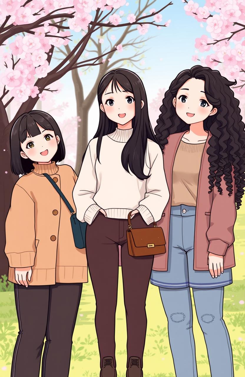 Three Korean women illustrated in full body, showcasing different hairstyles: one with shoulder-length hair, one with long straight hair, and one with long curly hair, all having black hair