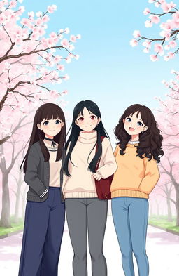 Three Korean women illustrated in full body, showcasing different hairstyles: one with shoulder-length hair, one with long straight hair, and one with long curly hair, all having black hair