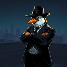 An artistic illustration of a suave, anthropomorphic penguin assassin, dressed in a tailored black suit and fedora, exuding charisma and danger