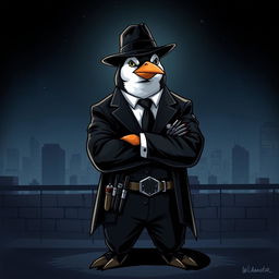 An artistic illustration of a suave, anthropomorphic penguin assassin, dressed in a tailored black suit and fedora, exuding charisma and danger