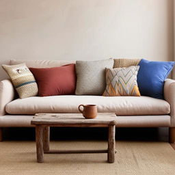 Create an image of a comfortable beige-grey sofa adorned with colorful throw pillows next to a rustic wooden tea table