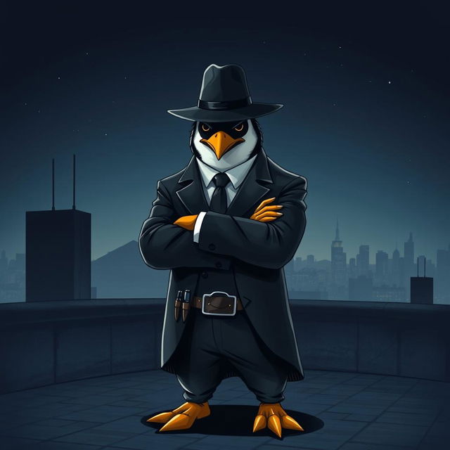 An artistic illustration of a suave, anthropomorphic penguin assassin, dressed in a tailored black suit and fedora, exuding charisma and danger