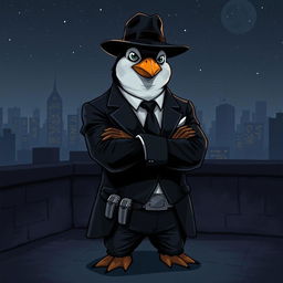 An artistic illustration of a suave, anthropomorphic penguin assassin, dressed in a tailored black suit and fedora, exuding charisma and danger