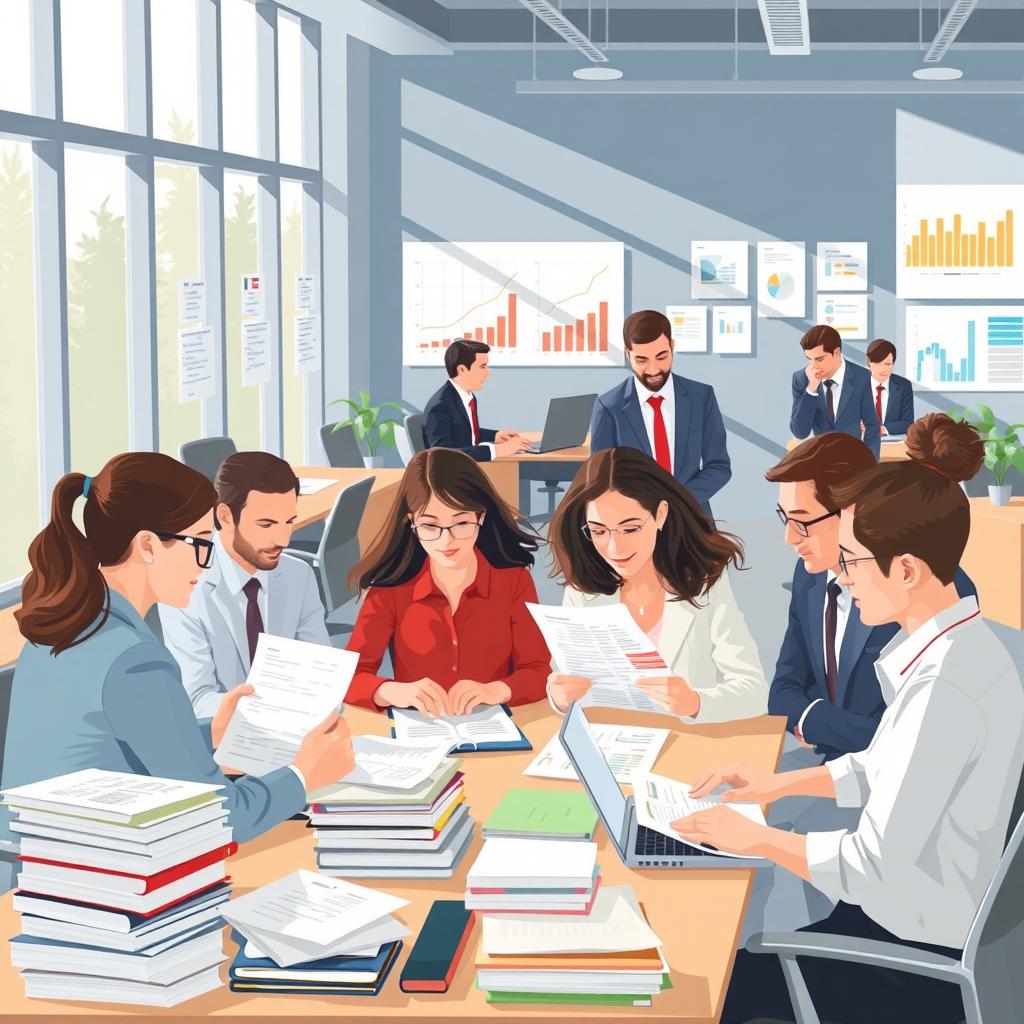 An illustration of a busy accounting audit scenario taking place in a modern office environment