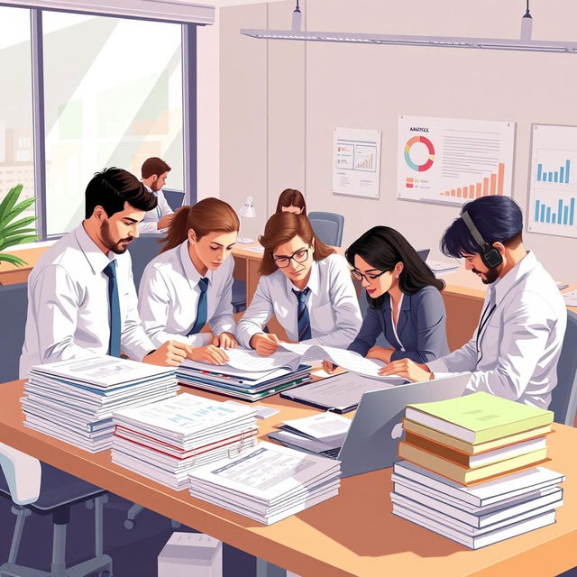 An illustration of a busy accounting audit scenario taking place in a modern office environment