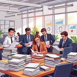 An illustration of a busy accounting audit scenario taking place in a modern office environment