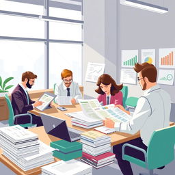 An illustration of a busy accounting audit scenario taking place in a modern office environment