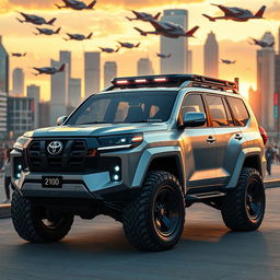 A futuristic Toyota Land Cruiser from the year 2100, showcasing sleek, aerodynamic design with advanced features, solar panels on the roof, integrated LED lights, and oversized durable tires suitable for off-road adventures