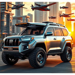 A futuristic Toyota Land Cruiser from the year 2100, showcasing sleek, aerodynamic design with advanced features, solar panels on the roof, integrated LED lights, and oversized durable tires suitable for off-road adventures