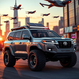 A futuristic Toyota Land Cruiser from the year 2100, showcasing sleek, aerodynamic design with advanced features, solar panels on the roof, integrated LED lights, and oversized durable tires suitable for off-road adventures