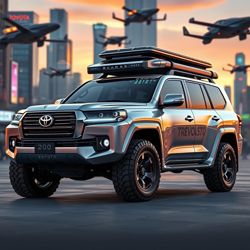 A futuristic Toyota Land Cruiser from the year 2100, showcasing sleek, aerodynamic design with advanced features, solar panels on the roof, integrated LED lights, and oversized durable tires suitable for off-road adventures