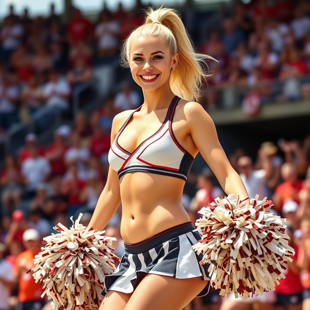 A vibrant scene depicting a lively cheerleader with a blonde ponytail, radiating energy and confidence