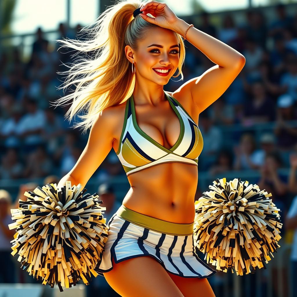 A vibrant scene depicting a lively cheerleader with a blonde ponytail, radiating energy and confidence