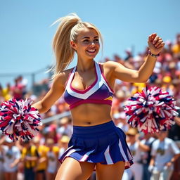 A vibrant scene depicting a lively cheerleader with a blonde ponytail, radiating energy and confidence