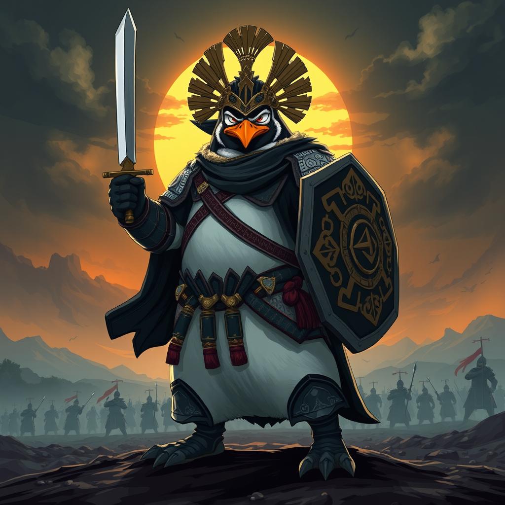 An epic illustration of a warrior penguin man, exuding confidence and strength