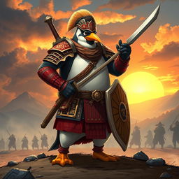 An epic illustration of a warrior penguin man, exuding confidence and strength