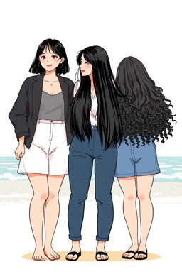 An illustration of three Korean women in a full-body view, showcasing their unique hairstyles: one with shoulder-length hair, another with long straight hair, and the third with long curly hair