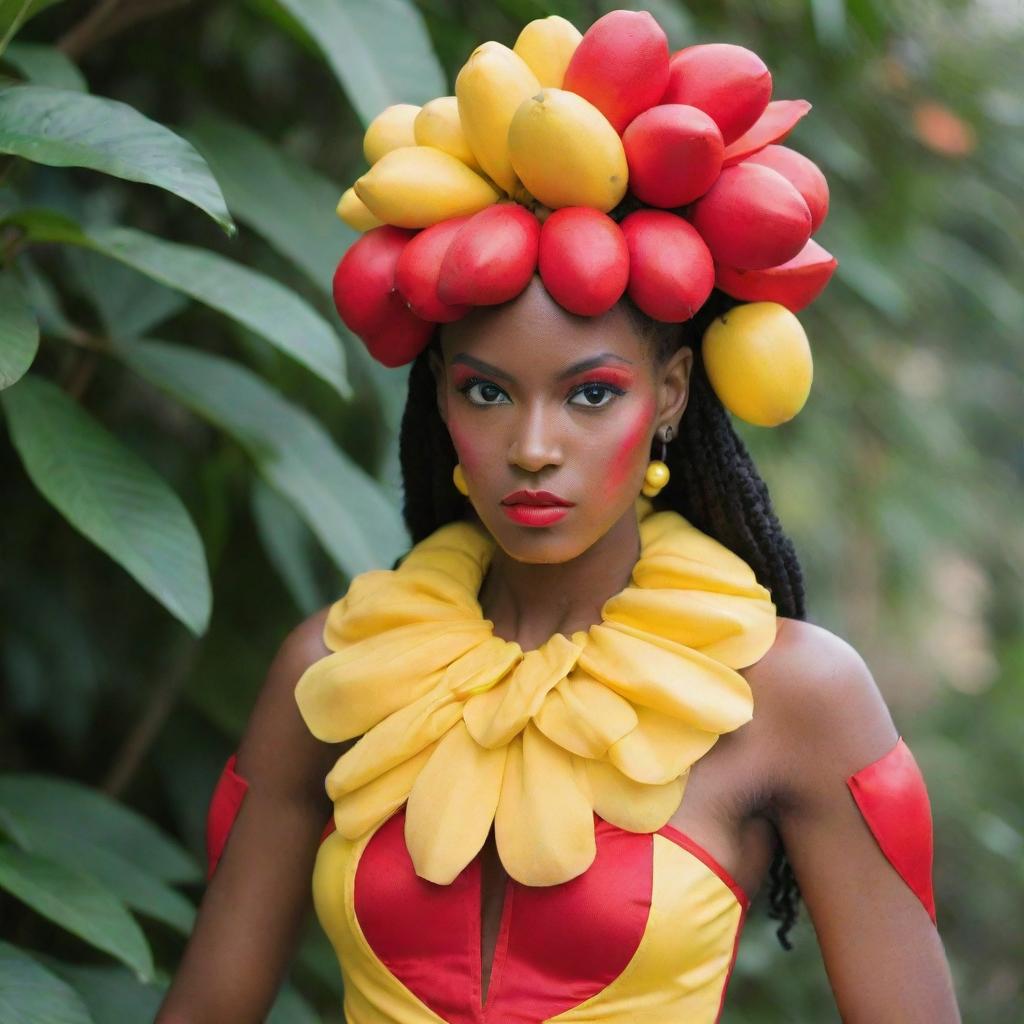 A wearable costume inspired by the gorgeous Ackee fruit, embodying its red skin, yellow flesh and black seeds.