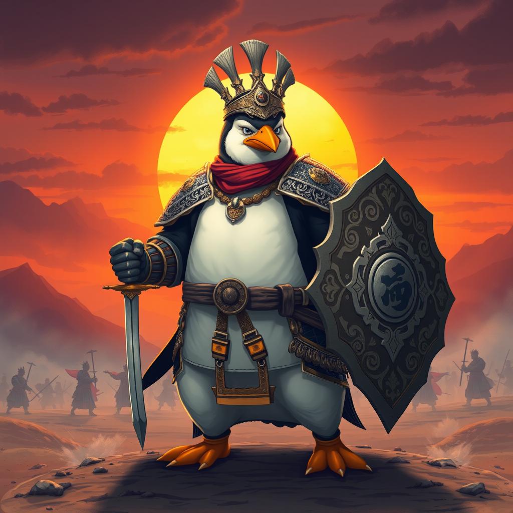 An epic illustration of a warrior penguin man, exuding confidence and strength