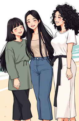 An illustration of three Korean women in a full-body view, showcasing their unique hairstyles: one with shoulder-length hair, another with long straight hair, and the third with long curly hair