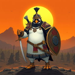 An epic illustration of a warrior penguin man, exuding confidence and strength