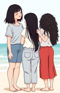 An illustration of three Korean women in a full-body view, showcasing their unique hairstyles: one with shoulder-length hair, another with long straight hair, and the third with long curly hair