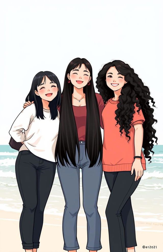 An illustration of three Korean women in a full-body view, showcasing their unique hairstyles: one with shoulder-length hair, another with long straight hair, and the third with long curly hair