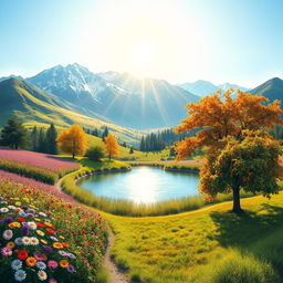 A picturesque scene depicting the four seasons: in the background, snow-capped mountains; to one side, a vibrant field of colorful flowers symbolizing spring; to the other, lush fruit trees showcasing autumn's bounty