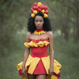 A wearable costume inspired by the gorgeous Ackee fruit, embodying its red skin, yellow flesh and black seeds.