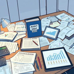 A detailed illustration of an accounting audit workspace without any people present